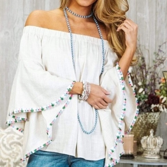 Zara Tops - Zara | Off the Shoulder Linen Bell Sleeve Blouse in White Size M Medium